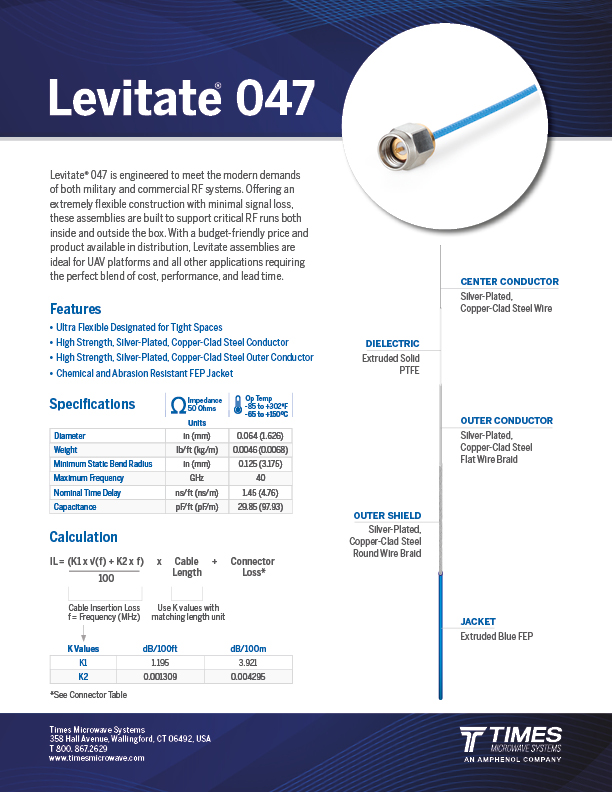 Levitate™ Cable Assemblies | Times Microwave Systems